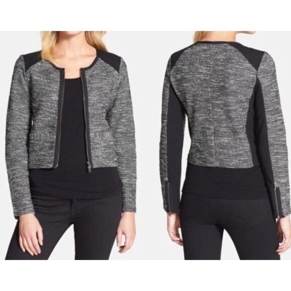 Eileen Fisher Collarless Tweed Crop Jacket Full Zip Italian Ponte Black White XS - Picture 1 of 14